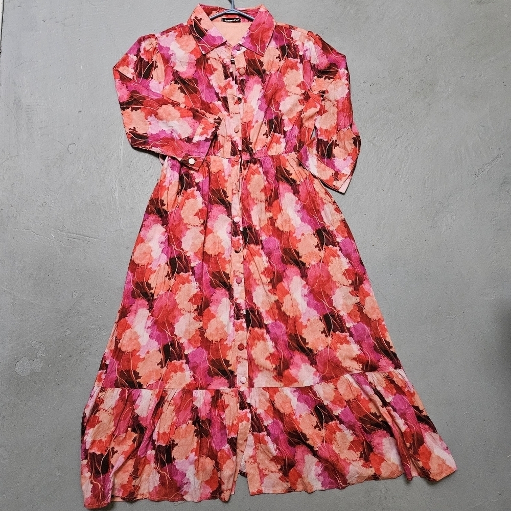 Lemoncurve Sz L Floral Coastal Tiered Flowy Maxi Button DownDress Quater Sleeve - Picture 10 of 16